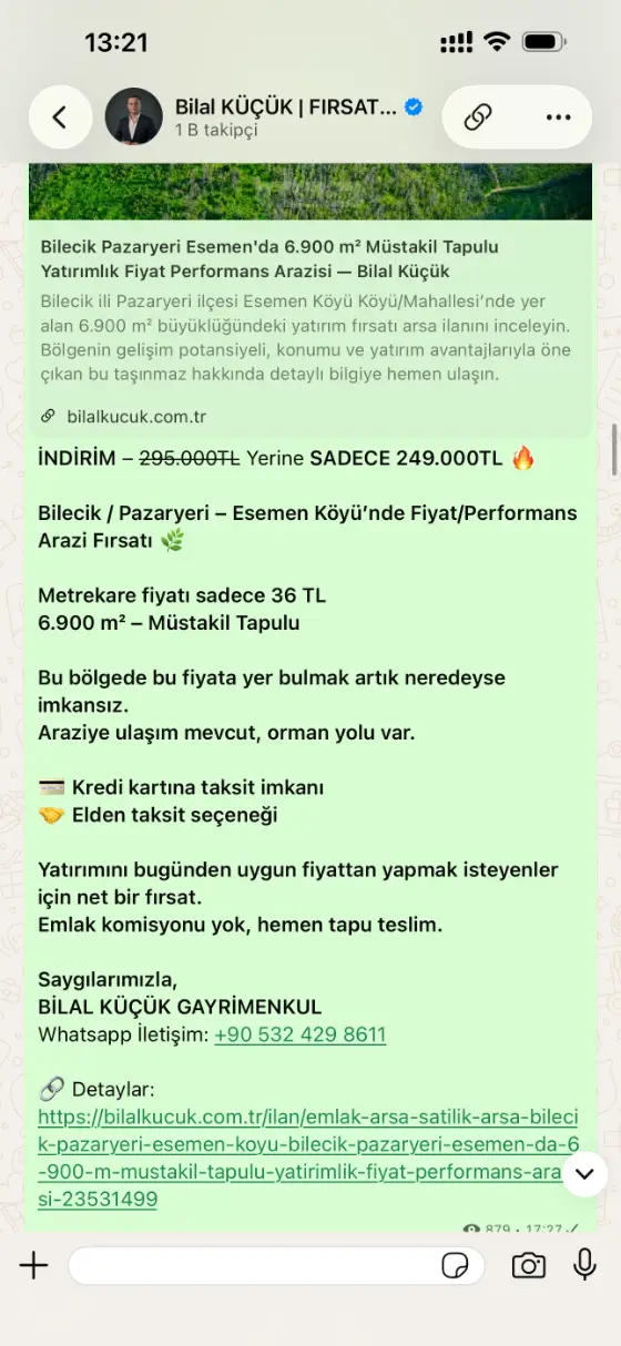 Kanalda paylaşılan indirimli arazi ilanı ve taksit seçenekleri