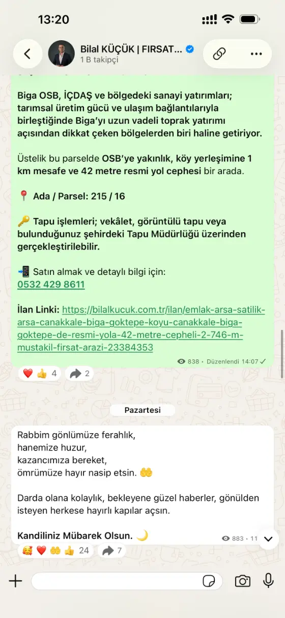 Kanalda paylaşılan arsa ilanı detayları