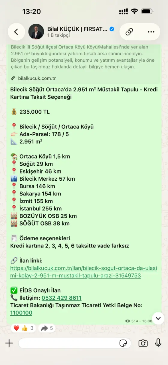 Kanalda paylaşılan fiyat güncellemesi